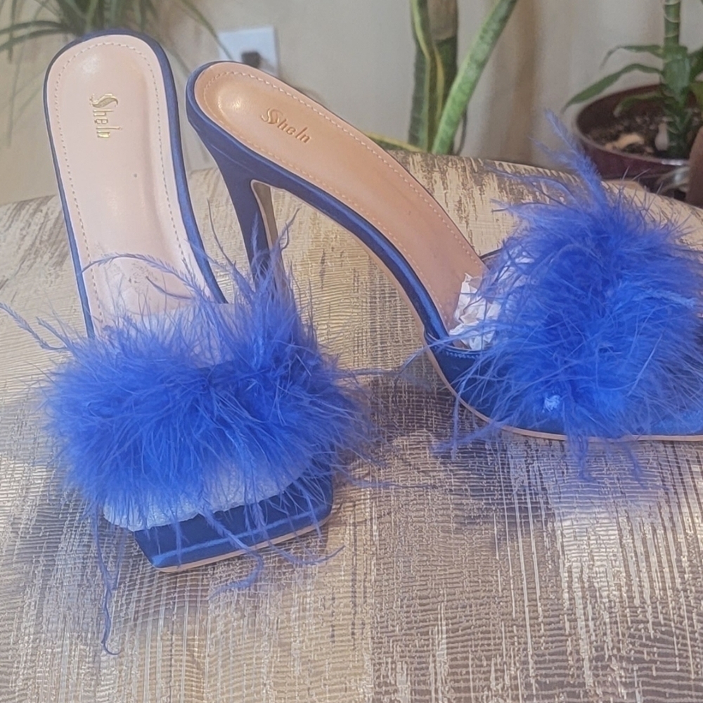 Royal Blue High Heel Stiletto Feather Fluffy Sandals/Sexy Slippers/Mules/Slides - Picture 11 of 15